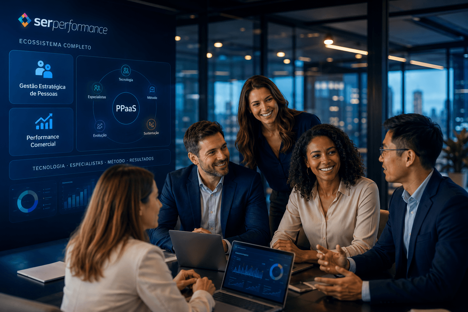 Equipe multidisciplinar analisando indicadores em um ambiente corporativo premium
